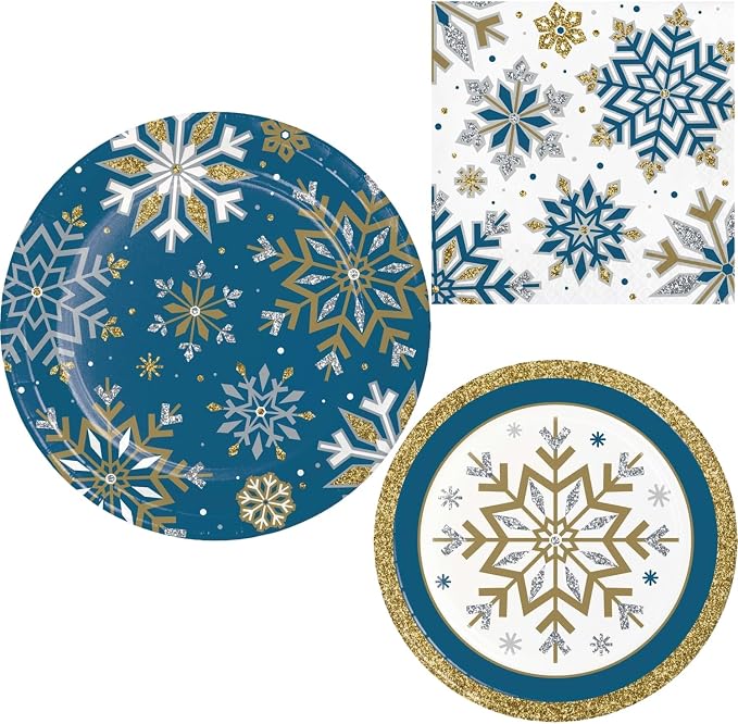 Whimsical Winter Party Supply Pack | Bundle Includes Paper Dinner Plates, Dessert Plates & Napkins for 8 People | Winter Blue Silver and Gold Snowflakes