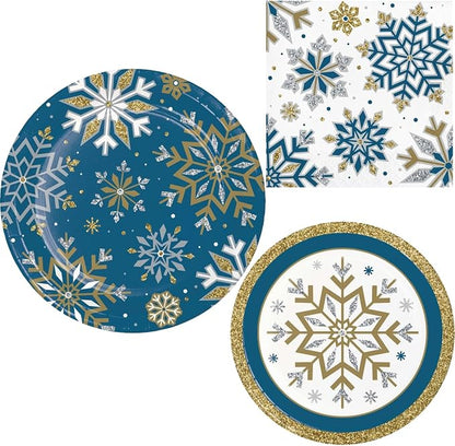 Whimsical Winter Party Supply Pack | Bundle Includes Paper Dinner Plates, Dessert Plates & Napkins for 8 People | Winter Blue Silver and Gold Snowflakes