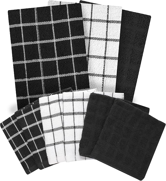 Ritz Premium 3-Pack Kitchen Towel & 6-Pack Dish Cloth Set - Highly Absorbent, Super Soft, Long-Lasting, 100% Cotton Terry Drying Cleaning Cloths, Black