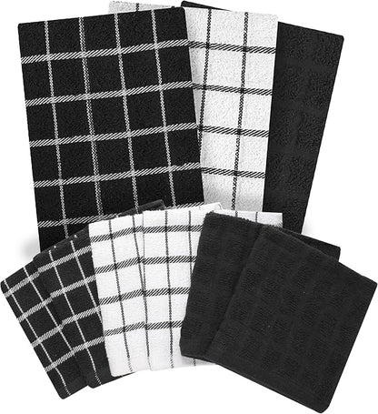 Ritz Premium 3-Pack Kitchen Towel & 6-Pack Dish Cloth Set - Highly Absorbent, Super Soft, Long-Lasting, 100% Cotton Terry Drying Cleaning Cloths, Black