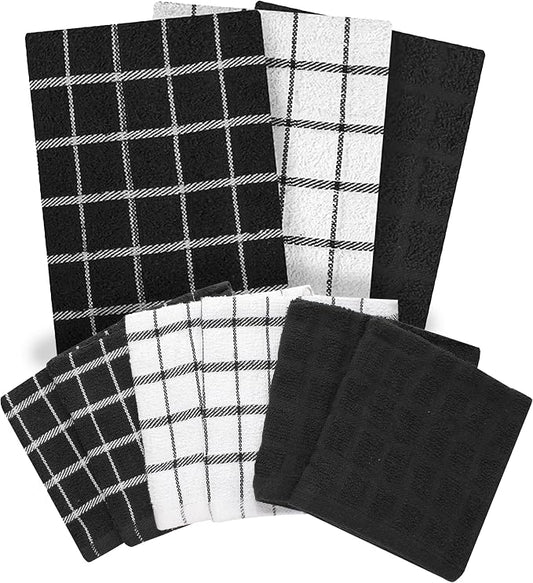 Ritz Premium 3-Pack Kitchen Towel & 6-Pack Dish Cloth Set - Highly Absorbent, Super Soft, Long-Lasting, 100% Cotton Terry Drying Cleaning Cloths, Black
