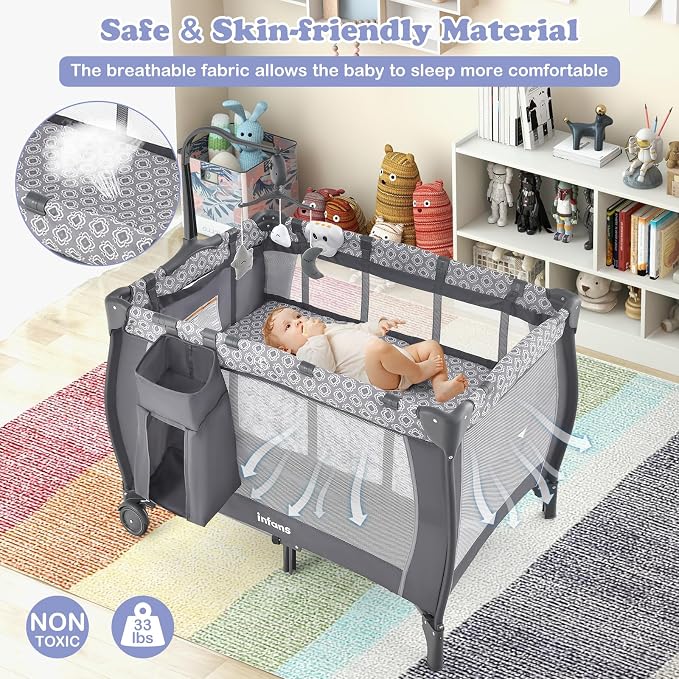 INFANS 3 in 1 Pack and Play, Portable Travel Baby Bassinet with Detachable Mattress, Changing Table, Foldable Playpen with Carry Bag, 2 Wheels (Classic)