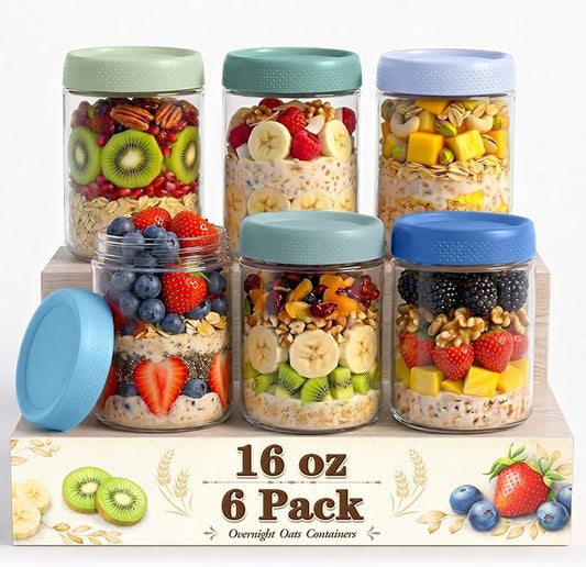6 Pack Overnight Oats Containers with Lids, Mason Jars 16 oz with Lids, Yogurt Containers for Meal, Wide Mouth Glass Storage Jars for Pudding, Snack, Prep, Oatmeal, Sugar, Food, Chia, Seed
