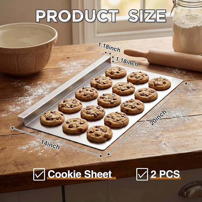 Gisafai 2 Pack 20 x 14 Inch Flat Cookie Sheet, Aluminum Nonstick Baking Sheet Tray Pan, Extra Large, Warp Resistant, Raised Edge for Easy Grip, for Commercial Home Baking, Cookies, Bread & Pizza