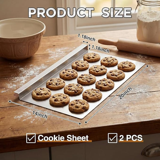 Gisafai 2 Pack 20 x 14 Inch Flat Cookie Sheet, Aluminum Nonstick Baking Sheet Tray Pan, Extra Large, Warp Resistant, Raised Edge for Easy Grip, for Commercial Home Baking, Cookies, Bread & Pizza
