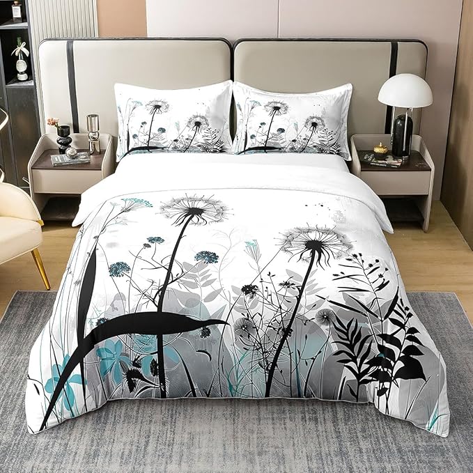 Castle Fairy 100% Natural Cotton Dandelion Bedding Set King Size Rustic Farm Plants Duvet Cover Luxury Light Dragonfly Flowers Comforter Cover for Men Women Room(No Comforter)
