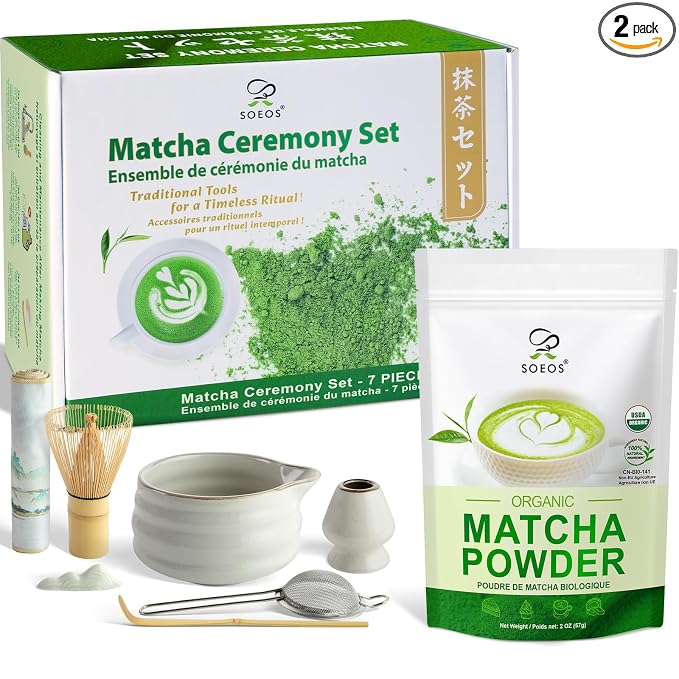 Soeos Matcha Powder, 2oz with 7-Piece Premium Matcha Starter Set - Includes Authentic Bamboo Whisk (Chasen), Ceramic Matcha Bowl (Chawan), Whisk Stand, Sifter, Scoop, and Scoop Rest