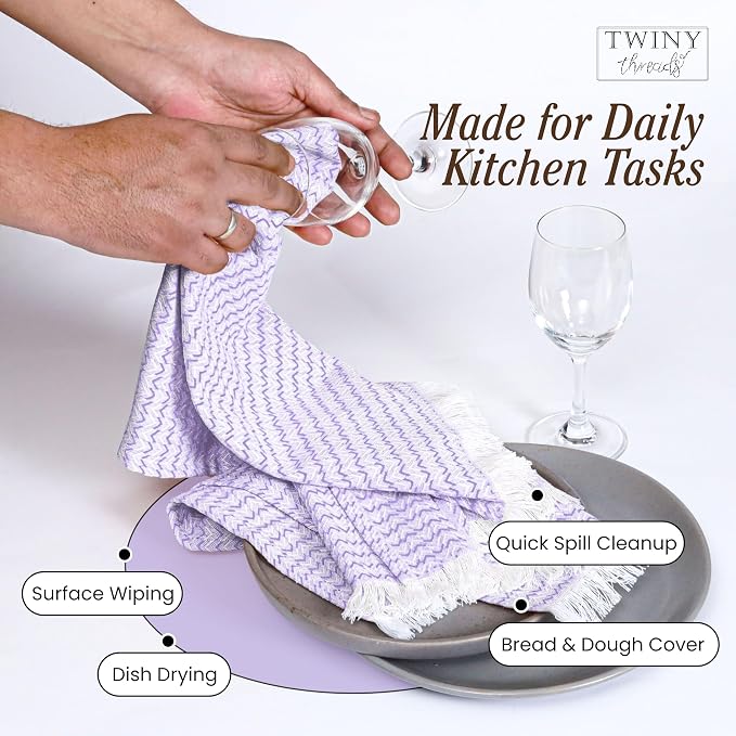 TWINY threads Kitchen Towel Chevron Pattern, Premium Large Kitchen Linen Set, 100% Cotton Wash Rags, Absorbent Quick Drying Cloths, Washable Reusable Multi Purpose, Set of 4, 16x26 Inches, Lavender