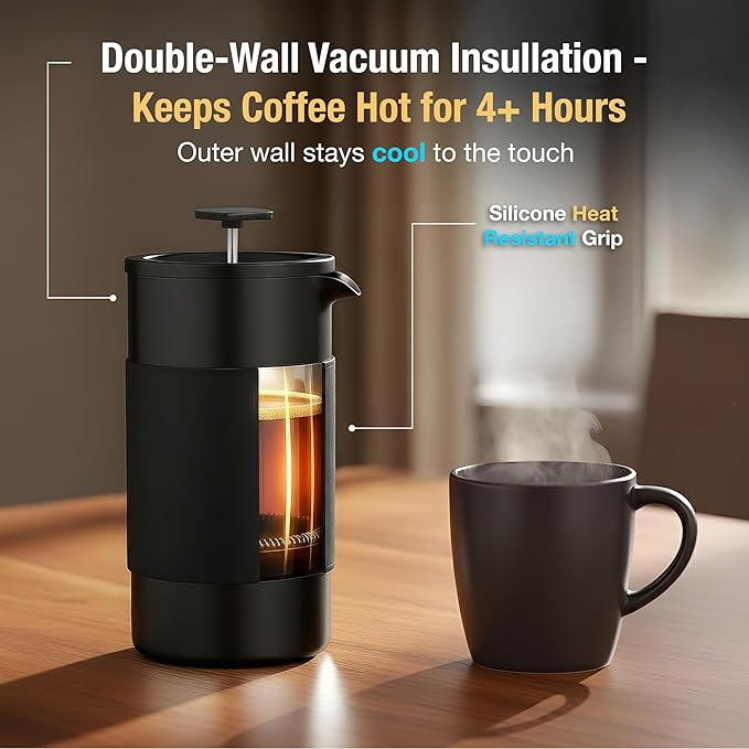 Travel French Press Coffee Maker Set - 12 oz | Portable Travel French Press Coffee Maker | Double Wall Insulated with Dual Stainless Filters & 2 Steel Canisters for Grounds, Tea, Creamer & Sugar