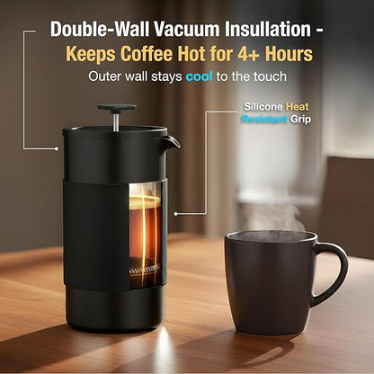 Travel French Press Coffee Maker Set - 12 oz | Portable Travel French Press Coffee Maker | Double Wall Insulated with Dual Stainless Filters & 2 Steel Canisters for Grounds, Tea, Creamer & Sugar