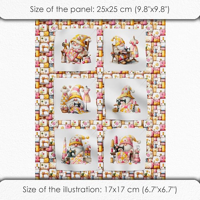 Cotton Fabric Panel – Single Continuous Patchwork Gnome Sewing Panel with 6 Printed Squares (9.8” x 9.8”), Bonus Patchwork Area 29.5” x 19.7” – 100% Cotton Satin Fabric for Quilting & Sewing Projects