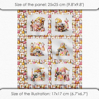 Cotton Fabric Panel – Single Continuous Patchwork Gnome Sewing Panel with 6 Printed Squares (9.8” x 9.8”), Bonus Patchwork Area 29.5” x 19.7” – 100% Cotton Satin Fabric for Quilting & Sewing Projects