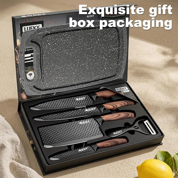 Knife Set, 7 Pieces Kitchen knife Set with Healthy Anti-Rust Coating, Stainless Steel Professional Chef Knife Sets with Elegant Box, Kitchen Knives with Scissors & Peeler & Cutting Board for Cooking