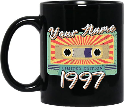 Personalized Vintage Cassette Tape Vintage 1997 Mug, Custom Your Name, 1997 Retro Coffee Mug, 25th Birthday Present Gifts, 1997 Birthday Gift For Friends Family, Customizable Black Tea Cups