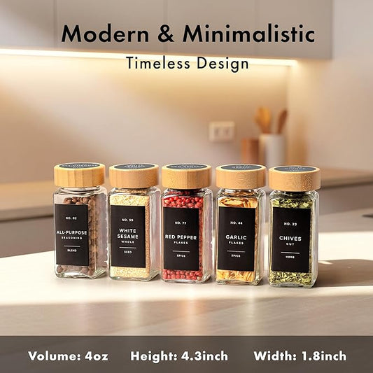 EDELHAUS® Square Spice Jars with Bamboo Wooden Lid (Pack of 24) Spice Jars with Shaker Insert and 240 Labels - Bamboo Lid Glass Container for Spice Organisation [4.3 in × 1.8 in]