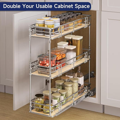 8" W x 20.5" D 3-Tier Pull Out Spice Rack Organizer, Solid Wood Base Slide Out Cabinet Shelf for Narrow Kitchen Cabinets, Chrome Pantry Storage