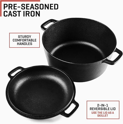Uno Casa 2-in-1 Cast Iron Dutch Oven Large - 5 Quart Dutch Oven Pot with Lid, Pre-Seasoned Cooking Dish for Bread Baking and Stews - Heavy Duty Cast Iron Pot with Detachable Frying Pan Lid for Versatile Cooking