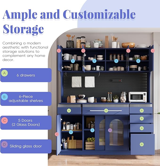 VilroCaz Freestanding Large Kitchen Pantry, Wooden Kitchen Large Coffee Bar Storage Cabinet with 6 Drawers, 5 Cabinets with Adjustable Shelves, Pegboard, Towel Rack, Power Outlet