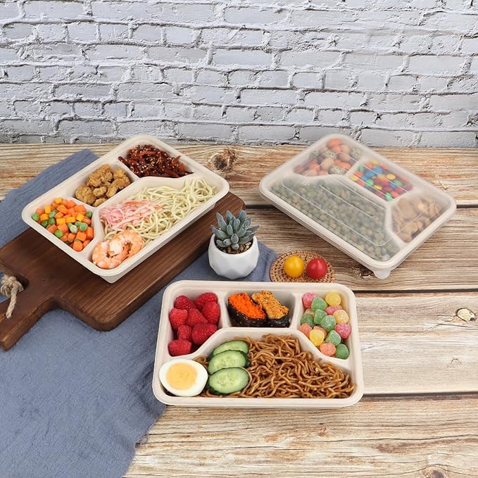 Sugarcane Fiber 24 oz 4 Compartments disposable plates with Lids Bagasse Plant Fibers Freezer Safe 50 Pack