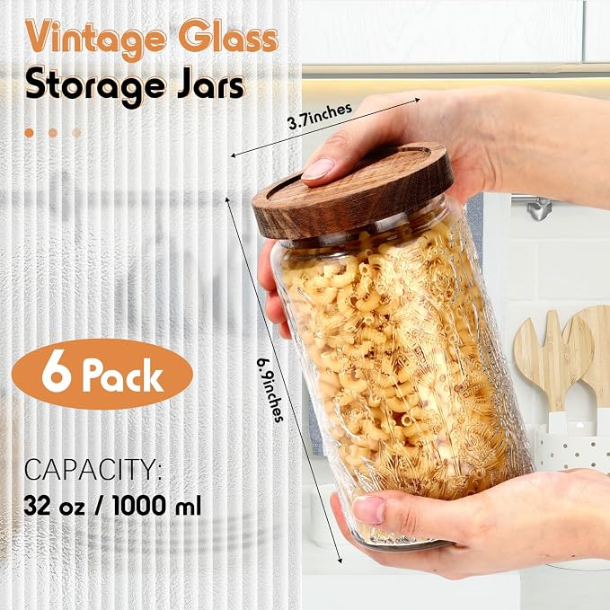 Domensi 6 Pcs Vintage Glass Jars 34 oz Glass Storage Jars with Lids Sunflower Pattern Airtight Storage Containers for Kitchen Counter Pantry Coffee Bean Grains Tea Sugar Flour Candy Oats