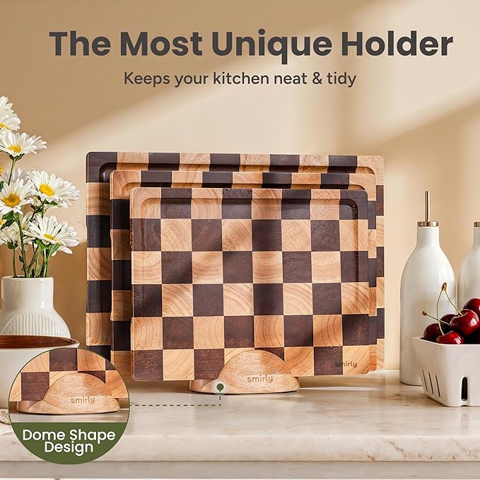 SMIRLY Wooden Cutting Boards for Kitchen - Rubberwood Cutting Boards for Meal Prep, Serving, Charcuterie - Kitchen Gadgets, House Warming Gifts - Wood Chopping Board Set of 3 with Holder