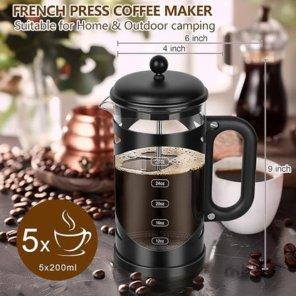 YMMIND 34 Ounce French Press Coffee Maker Black Stainless Steel Coffee Press, with 4-Level Filter System, Heat Resistant Thickness Borosilicate Glass, BPA-Free Brewed Coffee Pot for Camping Gifts