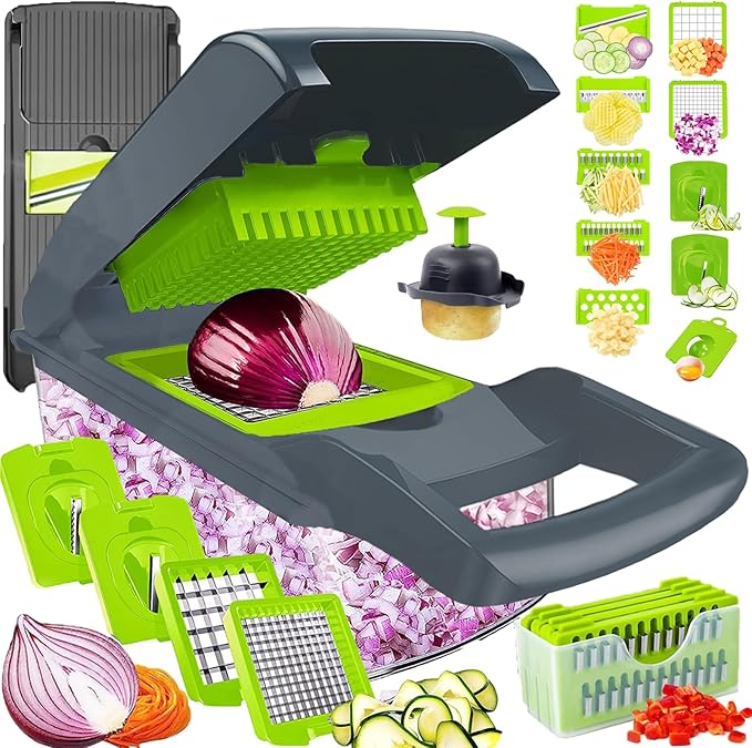 Vegetable chopper with attachments and sliced vegetables on a white background