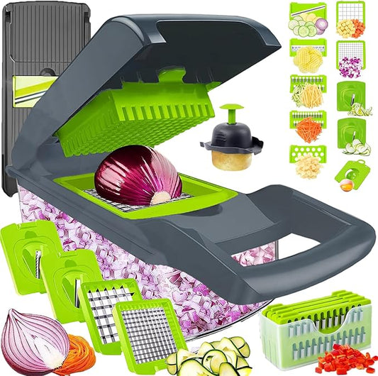 Vegetable chopper with attachments and sliced vegetables on a white background
