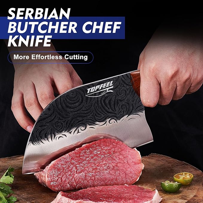 Topfeel Butcher Knife Set 5PCS, Hand Forged Kitchen Knives Set Serbian Chef Knife Set, Meat Cleaver Boning Carving Knives Set for Home、Camping、BBQ