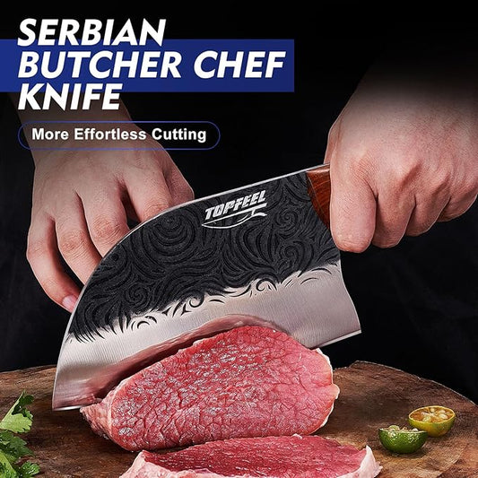 Topfeel Butcher Knife Set 5PCS, Hand Forged Kitchen Knives Set Serbian Chef Knife Set, Meat Cleaver Boning Carving Knives Set for Home、Camping、BBQ