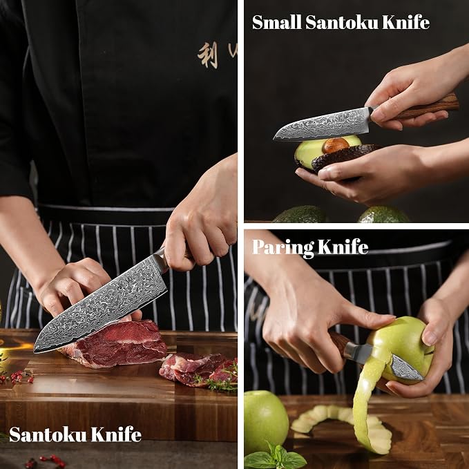 Wakoli 3-Piece Damascus Knife Set – Edib Pro Series with Wooden Gift Box – Kitchen Knife with VG10 Steel Core, 2 Santoku Knives & Paring Knife
