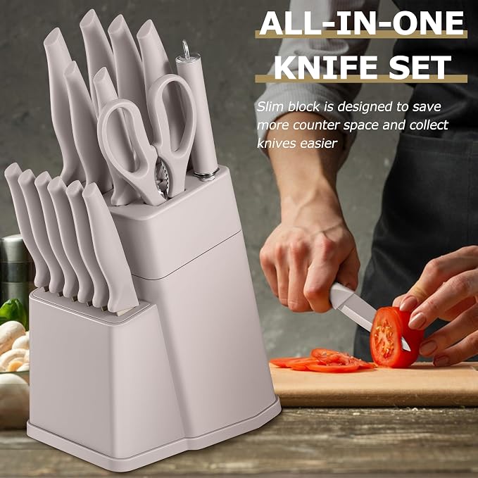 LIANYU Knife Block Set with Sharpener, 15PCS Kitchen Knife Set with Block, Razor Sharp Knives Set for Kitchen, High Carbon Stainless Steel Chef Knife Set, Anti- Rust Blade & Ergonomic Handle, Khaki
