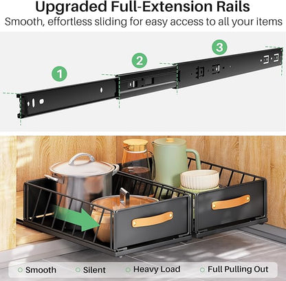 Pull out Cabinet Organizer,Heavy Duty Slide out Pantry Shelves Drawer Storage with Adhesive Nano Film,Sliding Mesh Cabinet Basket with Handle for Kitchen, Bathroom, Home, 13.8"W X 21"D X6.2"H,Black