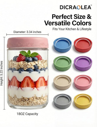 18oz 8Pack Glass Overnight Oats Jars Containers with Airtight Leakproof Lids, Reusable Mason Jars for Meal Prep, Yogurt Parfaits, Smoothies, Salads & Healthy Breakfasts(18oz-8Pack)
