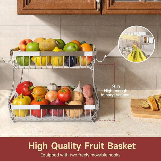 Sevenblue 2 Tier Large Fruit Basket for Kitchen Counter with 2 Mobile Banana Hangers, 2026 Pro Detachable Metal Fruit Bowl with Wooden Handle (Silver, 2 Tier)