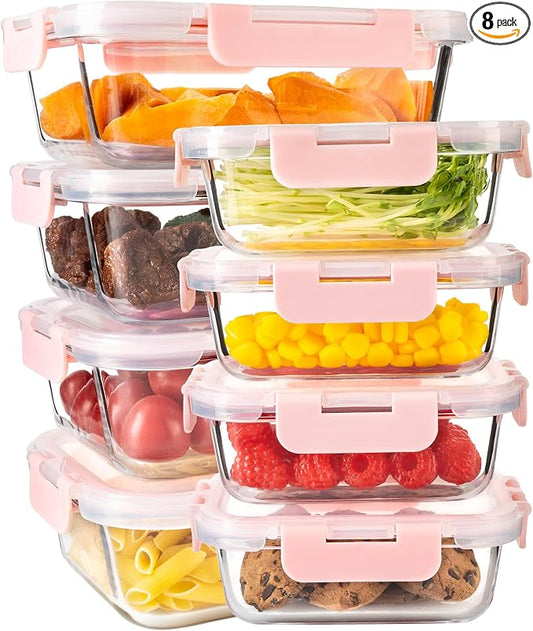 16PCS (8 Bowls + 8 Lids) High Borosilicate Glass Meal Prep Containers, Food Storage Containers with Airtight Lids, Glass Lunch Bento Boxes,Dishwasher Safe, pink
