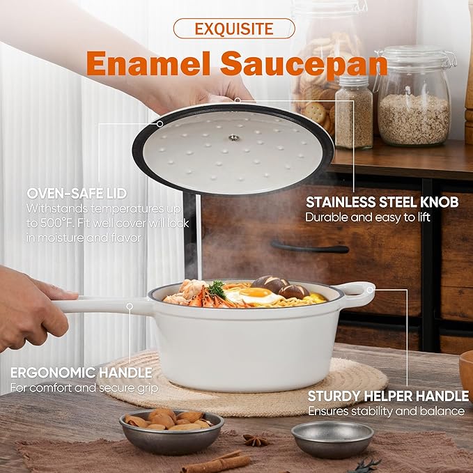 Homikit 3 Quart Saucepan with Lid, Enameled Cast Iron Saucepan for All Cooktops, Heavy Duty Cast Iron Pot for Kitchen Cooking, Boiling, Nonstick & Heat Resistant Up to 500°F, White