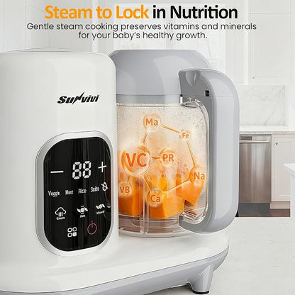 Sunvivi Baby Food Maker: All-in-one Baby Food Processor with Steam, Heating, Unfreeze, Blender, Electric Blender and Food Processor Combo with Self Clean LCD Display, Baby Food Steamer Grinder White