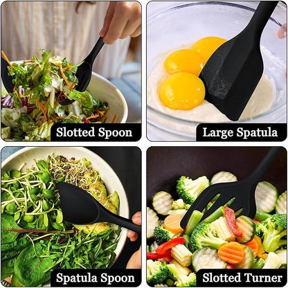 LIANYU Non-Toxic Cooking Utensils Set of 8, Silicone Black Kitchen Utensils Set for Non-Stick Cookware, Healthy Kitchen Tools with Spatula & Spoon, Stainless Steel Core, Healthy & Heat Resistant