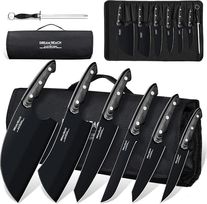Dream Reach Chef Knife Set - 6PCS Hand Forged Black Butcher Knife Set for Meat Cutting, Serbian Cleavers with A Roll Bag for Kitchen Camping BBQ Outdoor, Birthday Mother Father Gift Idea