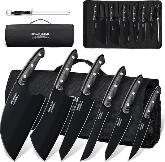 Dream Reach Chef Knife Set - 6PCS Hand Forged Black Butcher Knife Set for Meat Cutting, Serbian Cleavers with A Roll Bag for Kitchen Camping BBQ Outdoor, Birthday Mother Father Gift Idea