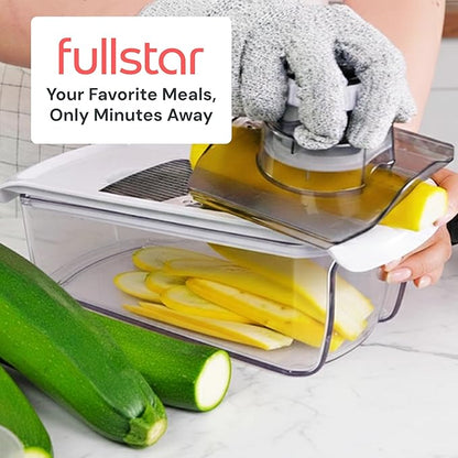 Fullstar Mandoline Slicer for Kitchen, Fruit Cutter, Cheese Grater, Cucumber Slicer, Veggie Spiralizer, Food Cutter & Kitchen Gadgets & Gifts with Safety Glove (6 in 1, Clear)