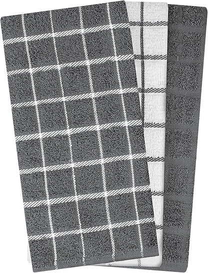 Ritz Premium 100% Cotton Terry Check Kitchen Dish Towels - Highly Absorbent, Super Soft, Long-Lasting, 25"x15", 3-Pack, Gray