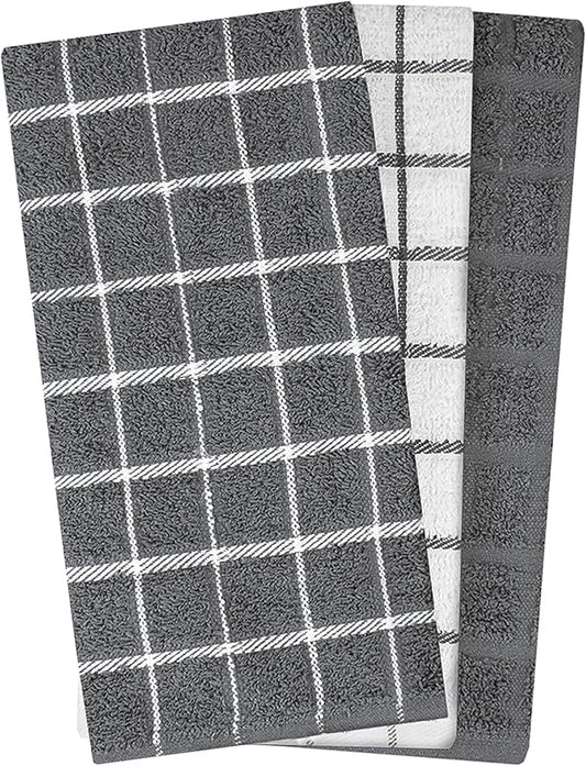 Ritz Premium 100% Cotton Terry Check Kitchen Dish Towels - Highly Absorbent, Super Soft, Long-Lasting, 25"x15", 3-Pack, Gray