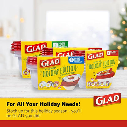Glad GladWare Holiday Food Storage Containers with Reversible Gift Tags, Large Rectangle BPA Free Plastic for Holiday Cookies and Gifting, Microwave Freezer Dishwasher Safe, 64 Oz, 3 Count