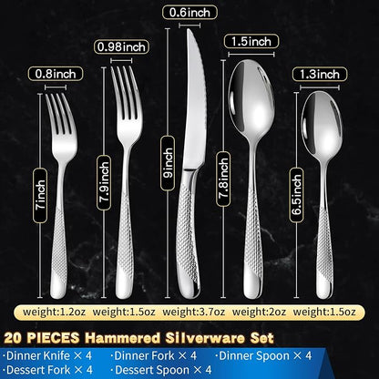 Lemeya 20-Piece Hammered Silverware Set for 4,18/10 Stainless Steel Flatware Set with Serrated Forged Knives,Heavy Duty Cutlery Set for Home & Party Restaurant,Mirror Polished, Dishwasher Safe