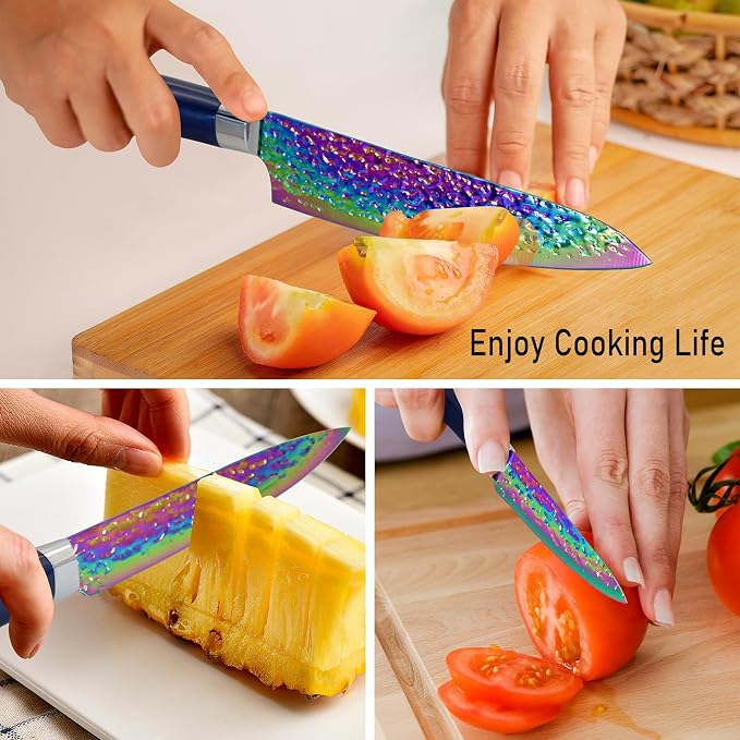 15pcs Blue Kitchen Knife Set, Rainbow Titanium Knife Block Set, High Carbon Stainless Steel Knives Set for Kitchen, Professional Chef Knife Sets for Kitchen with Sharpener Acrylic Block, Best Gift