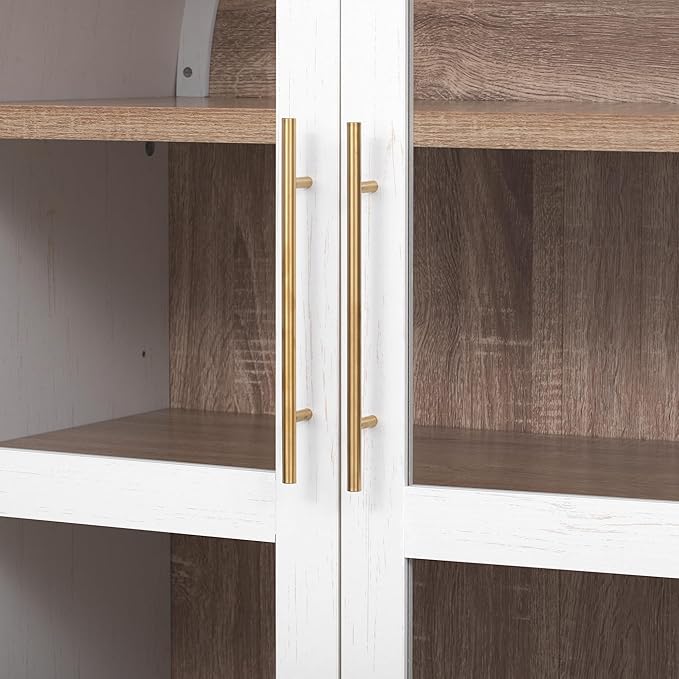 VilroCaz 71" Tall Arched Kitchen Pantry with Glass Doors and a Large Drawer, Farmhouse Kitchen Storage Cabinet with Open & Adjustable Shelves, Cupboard for Dining Room (White-6.4)