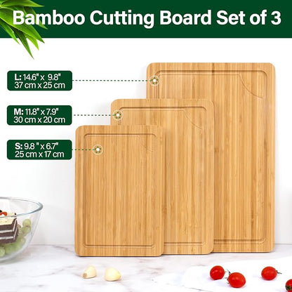 Bamboo Cutting Board Set of 3, Cutting Boards For Kitchen with Juice Groove, Bamboo Chopping Board Set, Serving Board Set for Meat, Fruit Vegetable and Cheese
