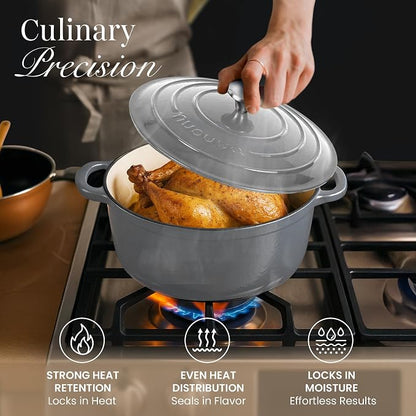 Cast Iron Dutch Oven with Lid - Non-Stick Ovenproof Enamelled Casserole Pot- Sturdy Dutch Oven Cookware - Grey, 7.3- Quart, 30cm- by Nuovva